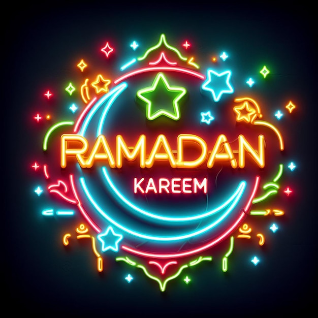 Um sinal de néon retro para o Ramadan Kareem brilhando com cores vibrantes