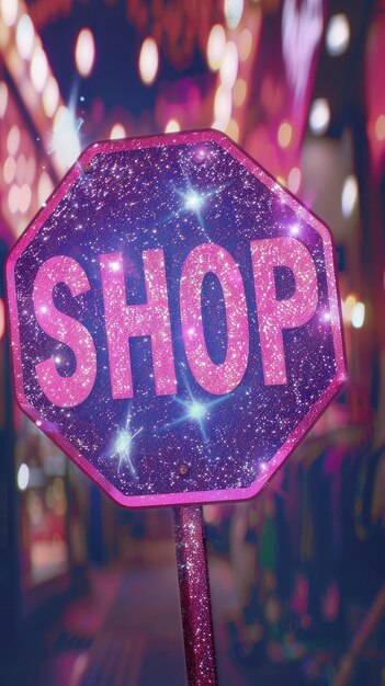 Foto um sinal de parada com a palavra shop escrito nele em brilho rosa