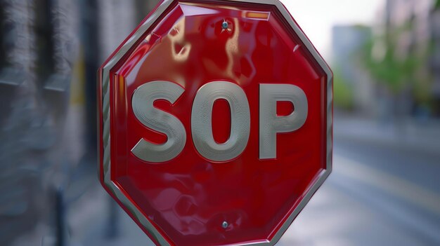 Foto um sinal de parada vermelho e branco com a palavra sop no centro o sinal é feito de metal e tem um acabamento brilhante