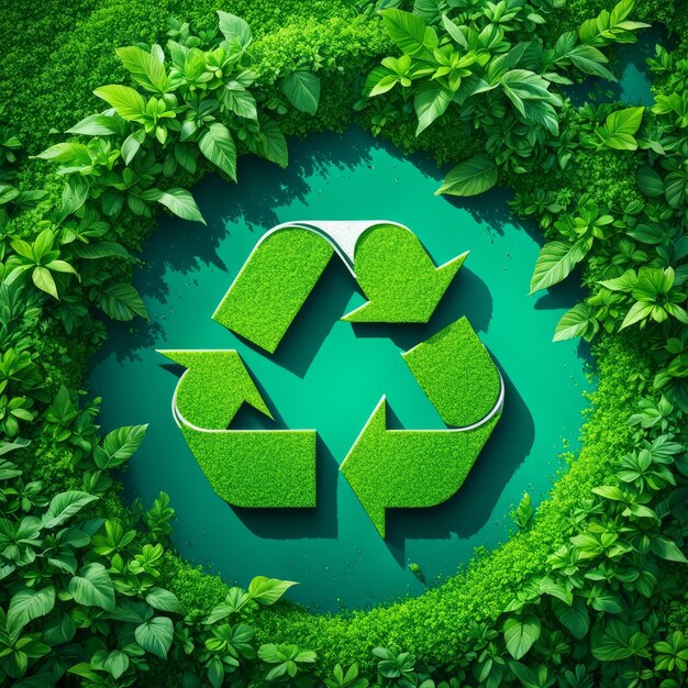 um sinal de reciclagem verde com folhas verdes e um retângulo que diz reciclar