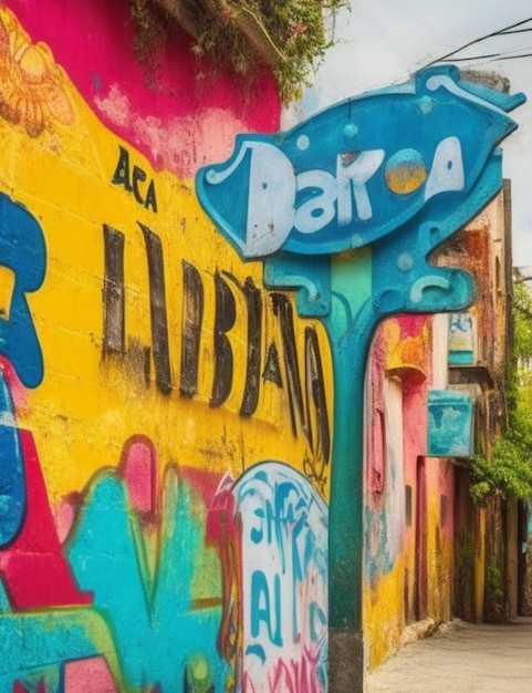 Um sinal de rua coberto de graffiti em uma cidade latina com uma fonte única e um toque de cor