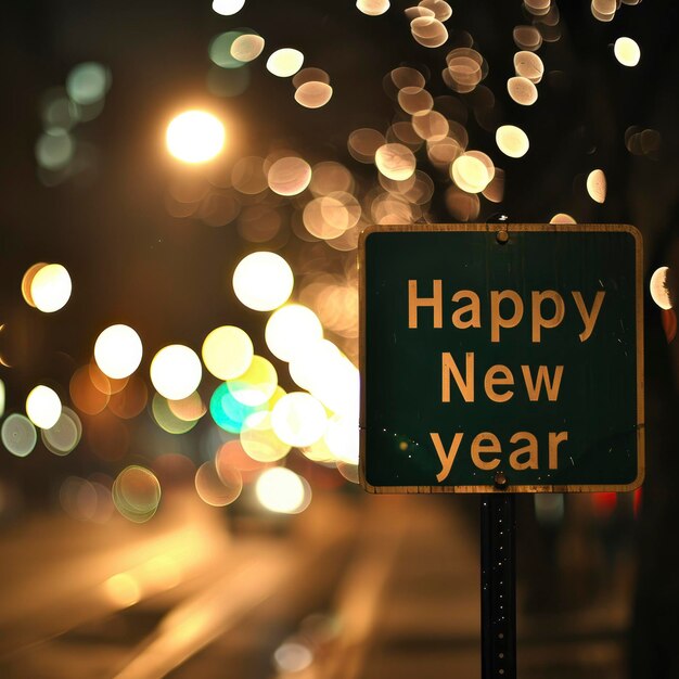 Foto um sinal de rua com o texto feliz ano novo