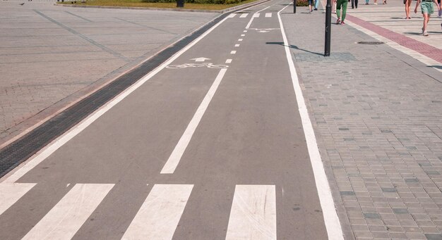 Foto um sinal de uma ciclovia e uma passagem de pedestres no asfalto em um parque da cidade em close-up