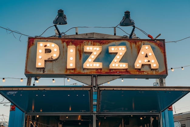 Um sinal iluminado de pizza acima de um caminhão de vendedores de comida de rua