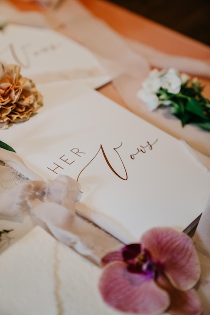 Um sinal para seu verbo é exibido em uma mesa com flores e um buquê de flores.
