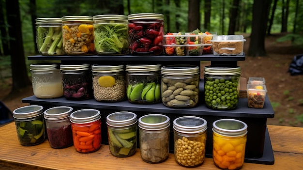 Um sistema de armazenamento de comida de acampamento bem organizado com ingredientes classificados em recipientes