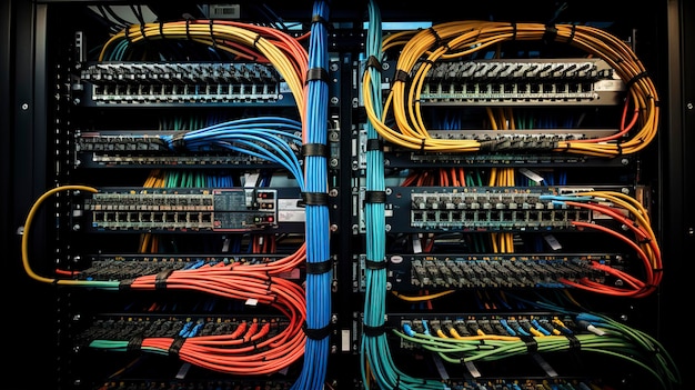 um sistema de gerenciamento de cabos de rede com cabos e bandejas de cabos bem organizados
