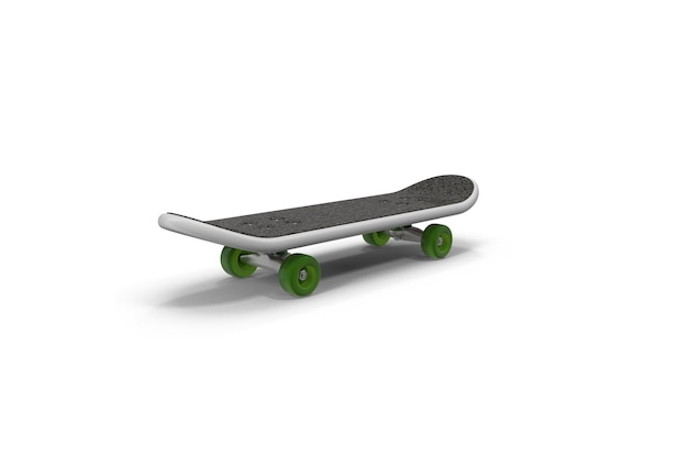Foto um skate com rodas verdes é mostrado em uma ilustração 3d.