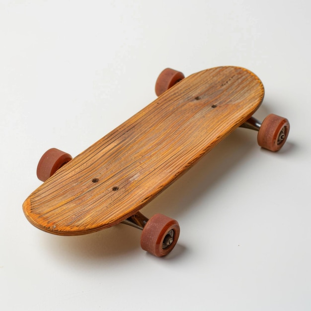 Foto um skate de madeira repousa tranquilamente em uma superfície branca
