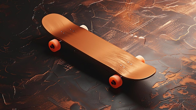 Um skate feito de metal fica em uma superfície de metal áspera O skate é castanho e tem rodas vermelhas