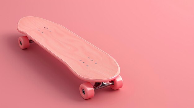 Foto um skate rosa em um fundo rosa o skate é feito de madeira e tem rodas cor-de-rosa está deitado de lado