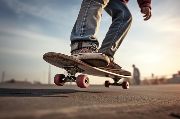 Um skateboarder está andando em um skateboard