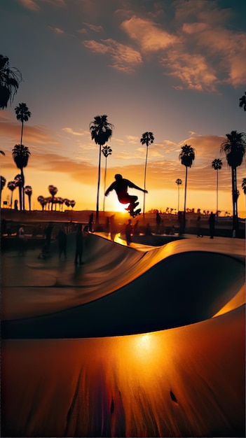 um skatista está subindo uma rampa ao pôr do sol.