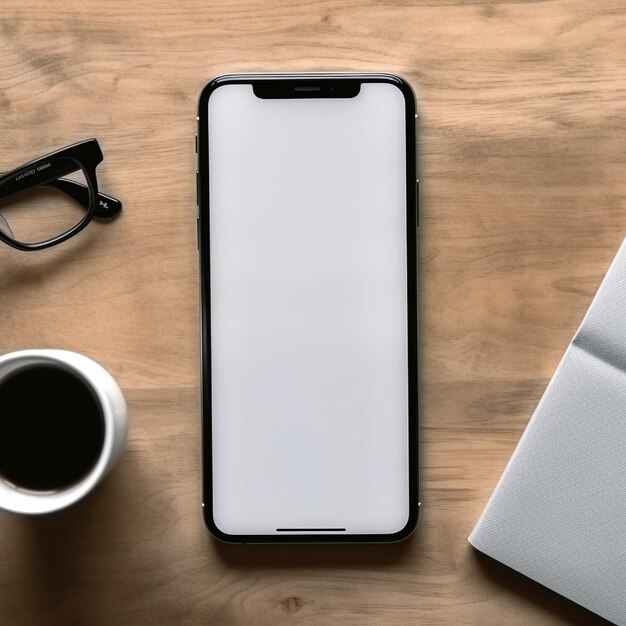 Um smartphone com tela em branco sobre uma mesa de madeira ao lado de um par de óculos.