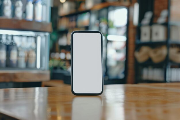 Foto um smartphone com uma maquete de tela branca na mesa da loja