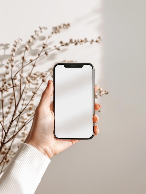 Um smartphone com uma tela branca em branco é enquadrado pela folhagem de textura suave de galhos florais delicados criando uma composição serena e natural que mistura tecnologia e natureza