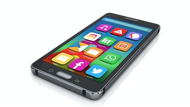 Um smartphone com uma variedade de mídias sociais e outros aplicativos na tela O telefone é inclinado em um ângulo e os aplicativos estão dispostos em uma grade