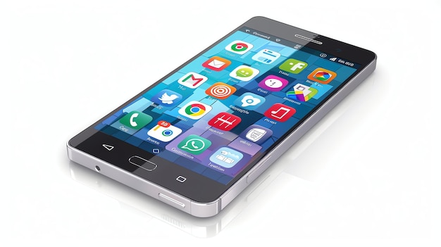 Um smartphone elegante com um corpo prateado e uma tela preta A tela está cheia de ícones de aplicativos coloridos