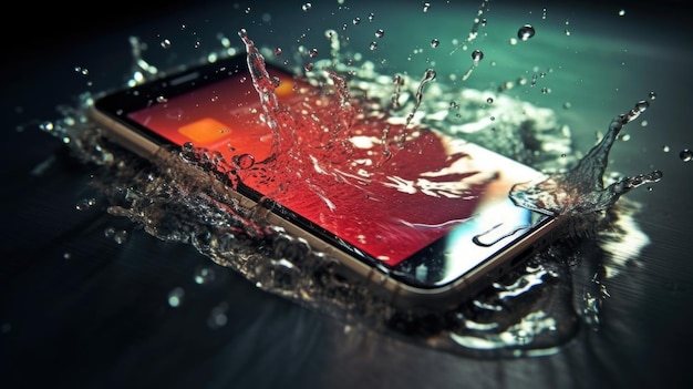 Foto um smartphone submerso em uma piscina de água enfatizando suas características à prova d’água e destacando sua adequação para ambientes aquáticos gerados por ia