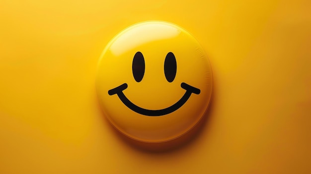 Um smiley amarelo em um fundo amarelo O smiley tem dois olhos pretos e uma boca preta que está sorrindo
