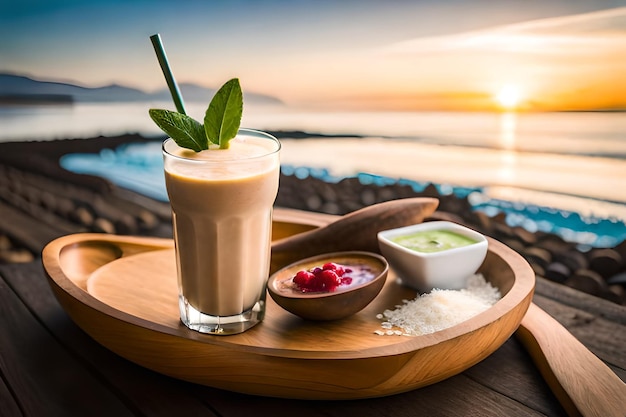 Um smoothie com um canudo verde fica em uma bandeja de madeira com uma tigela de molho e uma tigela de guacamole.