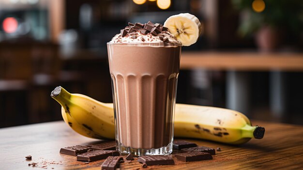 Foto um smoothie de chocolate com chocolate e bananas