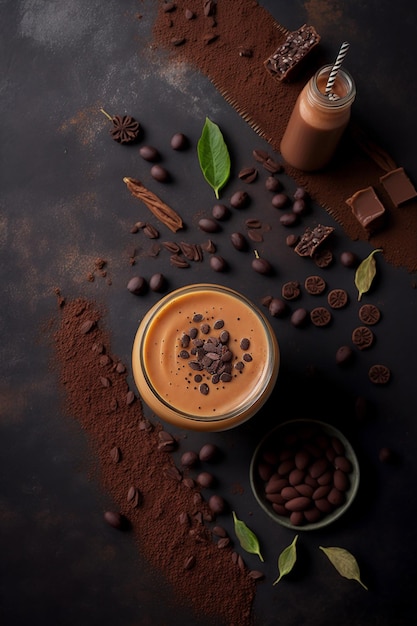 Um smoothie de chocolate com grãos de café e chocolate em um fundo escuro.