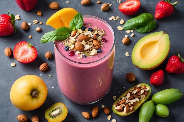 Um smoothie feito com uma variedade de frutas e legumes frescos cobertos com uma pitada de nozes e sementes