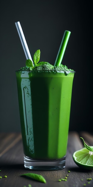 Um smoothie verde com canudos e uma bebida verde