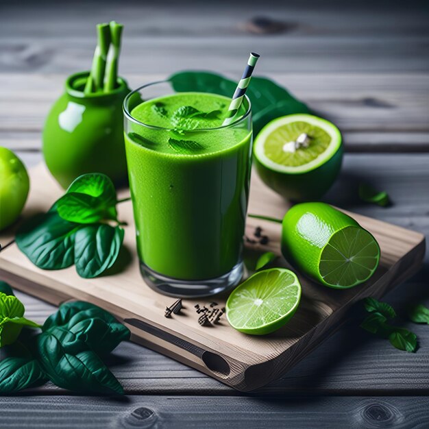 Um smoothie verde com um canudo e uma bebida verde em uma placa de madeira.