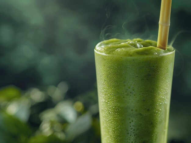 Um smoothie verde com um canudo nele o canudo está no meio do copo e o smoothie está quase cheio