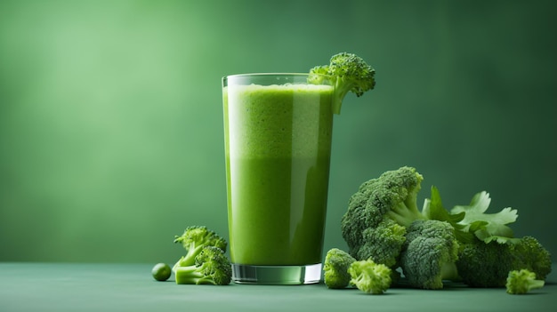 Um smoothie verde em um copo alto rodeado de brócolis
