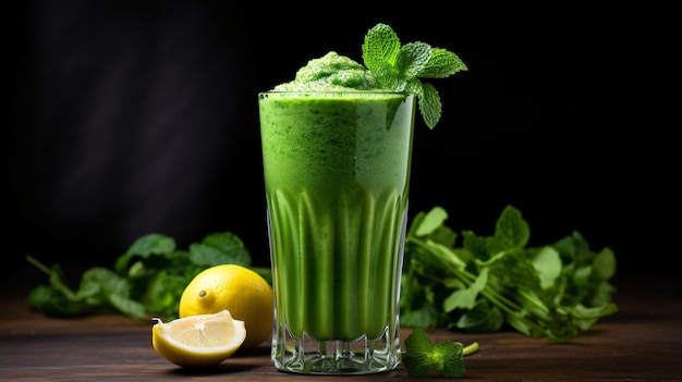 Um smoothie verde em um copo