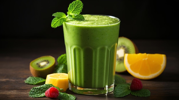 Um smoothie verde em um copo