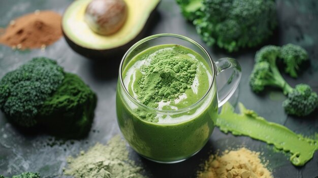 Um smoothie verde está em um copo entre uma pilha de pedaços de brócolis e abacate