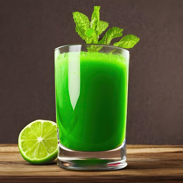 Um smoothie verde está sobre uma mesa com uma mesa de madeira com um limão ao lado