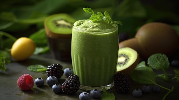 Um smoothie verde feito de ervas e vegetais saudável e refrescante dietética Estilo de vida saudável espinafre pepino kiwi amora gerada ai