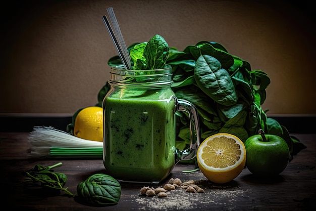 Um smoothie verde refrescante feito com ingredientes ricos em nutrientes, como folhas verdes, frutas e leite vegetal Este smoothie fornece um aumento saudável e delicioso de energia e hidratação AI