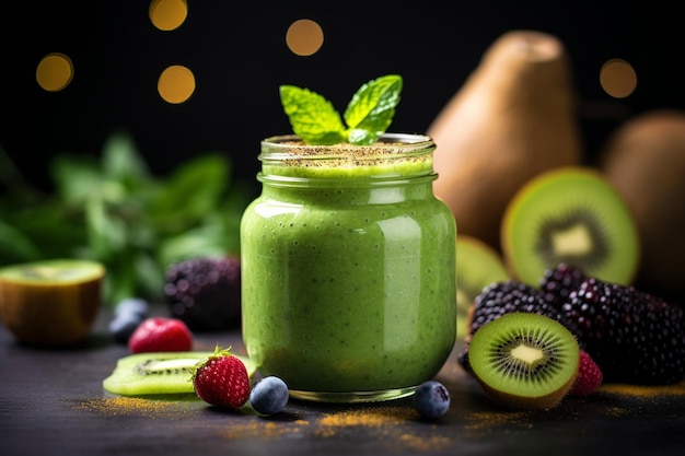 Um smoothie verde saudável com abacate e kiwi está na mesa.