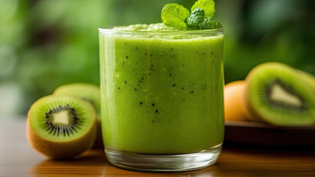 Um smoothie verde saudável em um copo um menu de café da manhã vegetariano completo e uma salada matinal com legumes frescos kiwi e limão Bons hábitos alimentares para toda a família