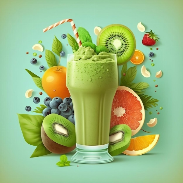 Um smoothie verde vibrante cercado por frutas e vegetais frescos