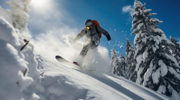 um snowboarder desliza pela neve limpa de uma encosta de montanha
