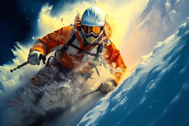 um snowboarder desliza por uma montanha nevada em uma IA geradora de snowboard