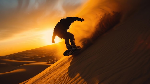 Foto um snowboarder deslizando por uma duna do deserto ao pôr-do-sol