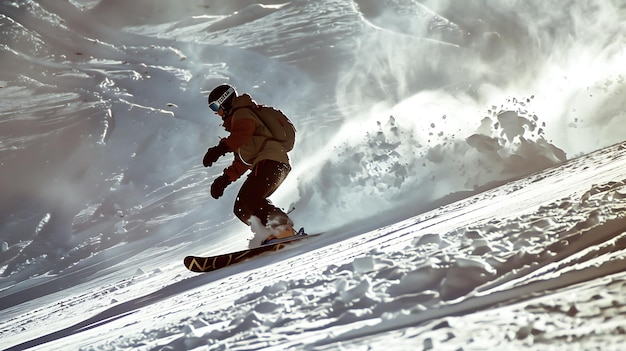 Um snowboarder está descendo uma montanha coberta de neve, o snowboarder usa um capacete e uma mochila, o snowboardista está cercado de neve.