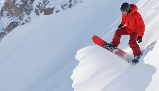 um snowboarder está em uma montanha nevada com neve no chão