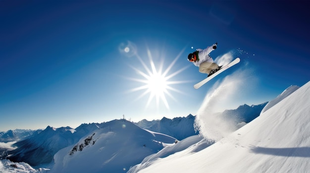 Um snowboarder está no ar em frente a uma cordilheira.