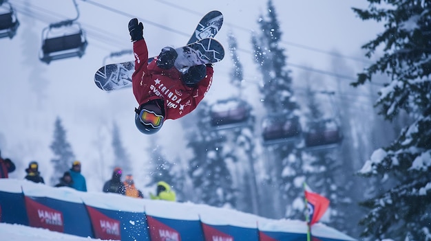 Foto um snowboarder masculino está pulando e fazendo um salto para trás ele está vestindo um casaco vermelho e calças pretas o fundo é uma montanha coberta de neve