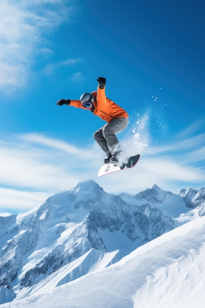 Um snowboarder realizando um truque de agarrar elegante enquanto desce uma montanha