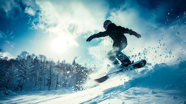 Um snowboarder salta de uma montanha coberta de neve